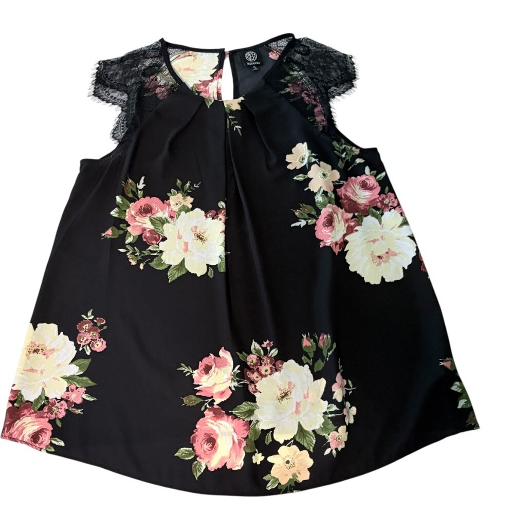Boubeau Floral top with lace cap sleeves Black Size XL